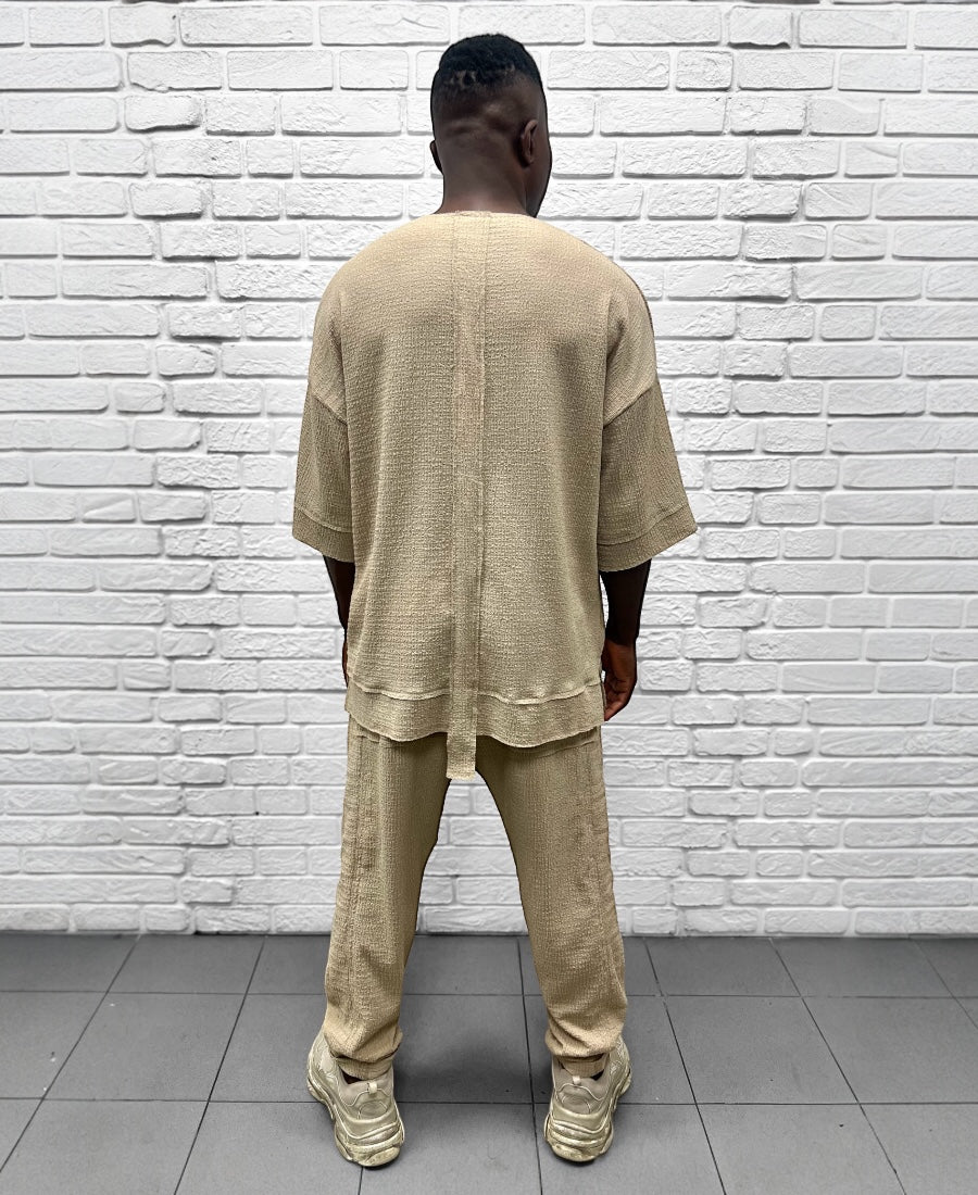 Compleu crem cu pantalon lung din material vaporos