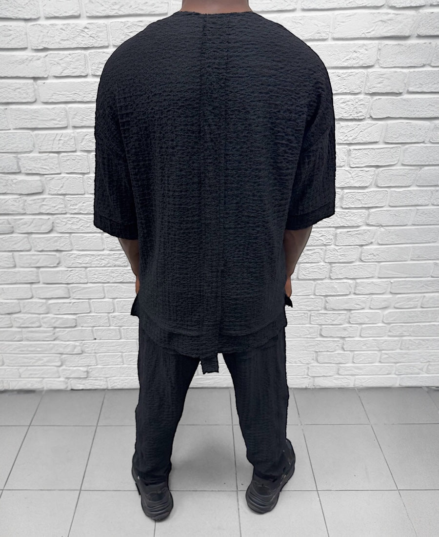Compleu negru cu pantalon lung din material vaporos