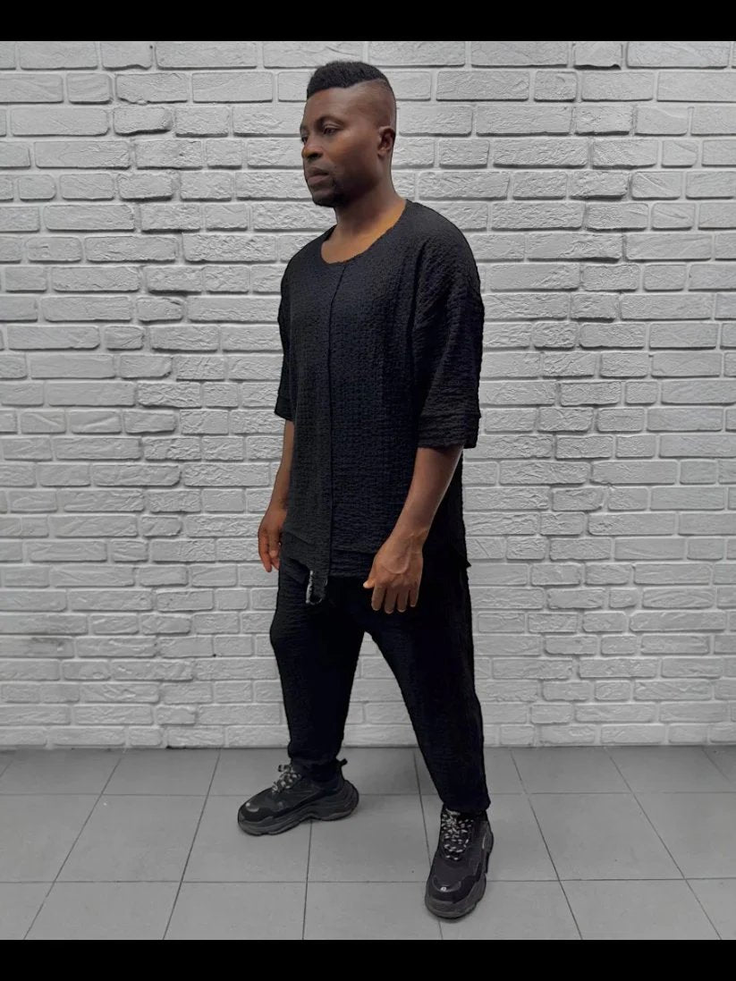 Compleu negru cu pantalon lung din material vaporos