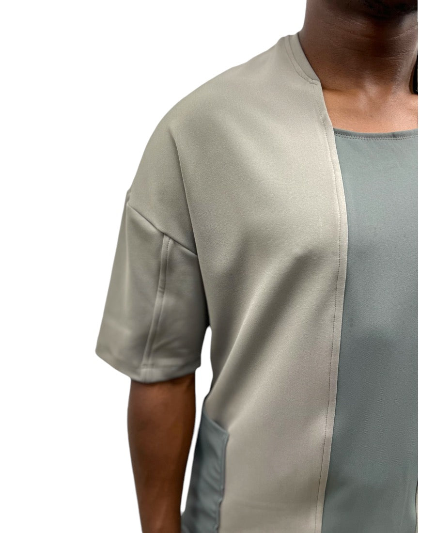 Tricou in combinatie de doua nuante de kaki casual cu design