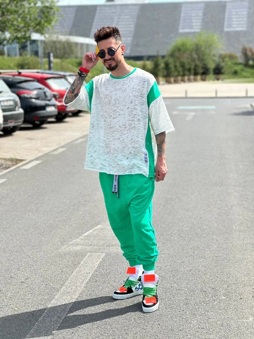 Compleu in combinatie verde si off-white