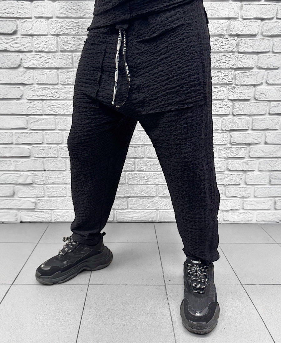 Compleu negru cu pantalon lung din material vaporos