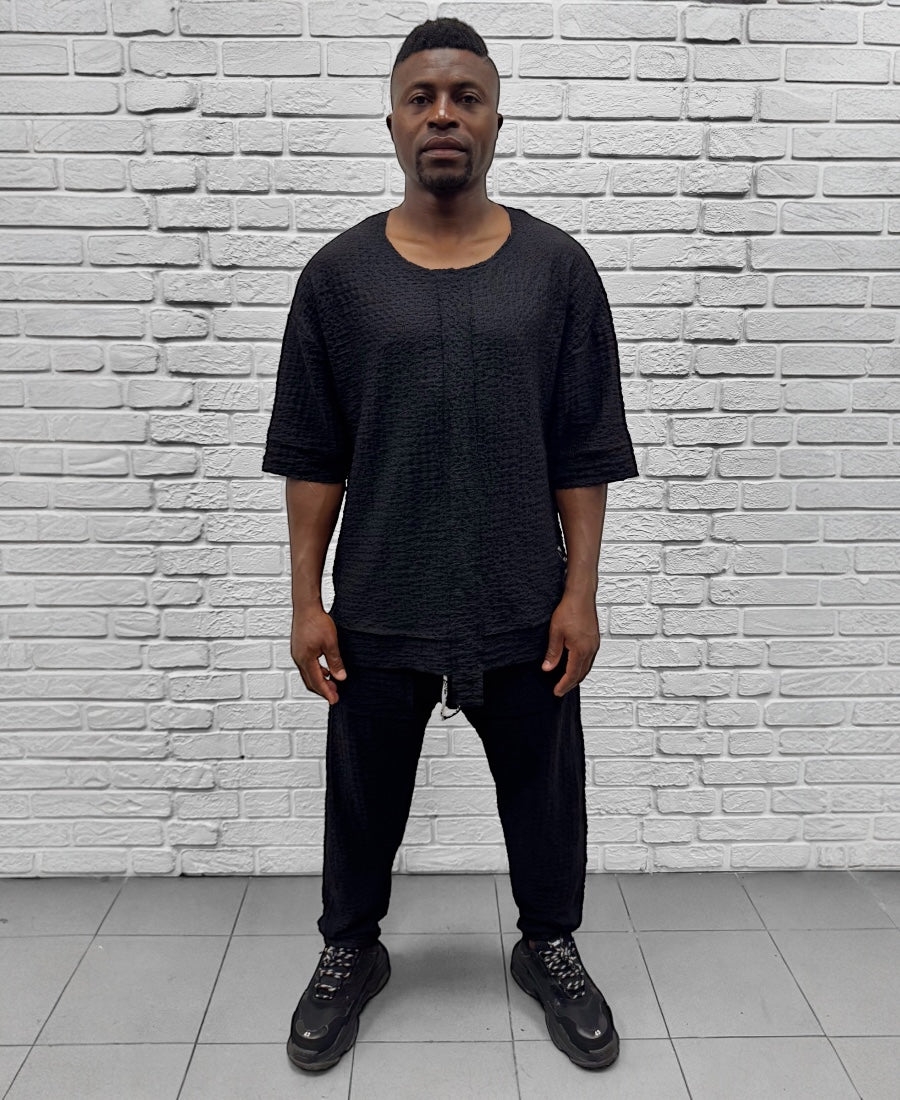 Compleu negru cu pantalon lung din material vaporos