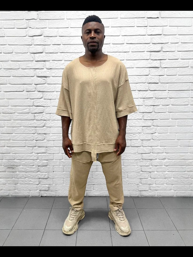 Compleu crem cu pantalon lung din material vaporos