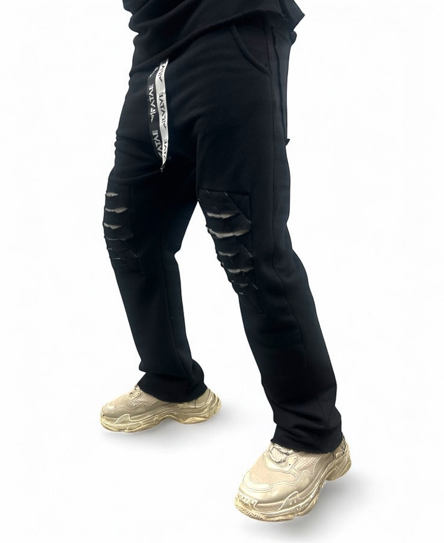 Pantaloni negri cu design din fas gros si cusaturi