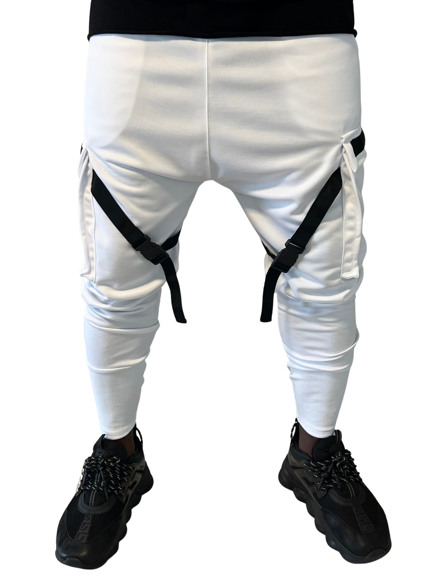 Pantaloni albi cu banda neagra aplicata
