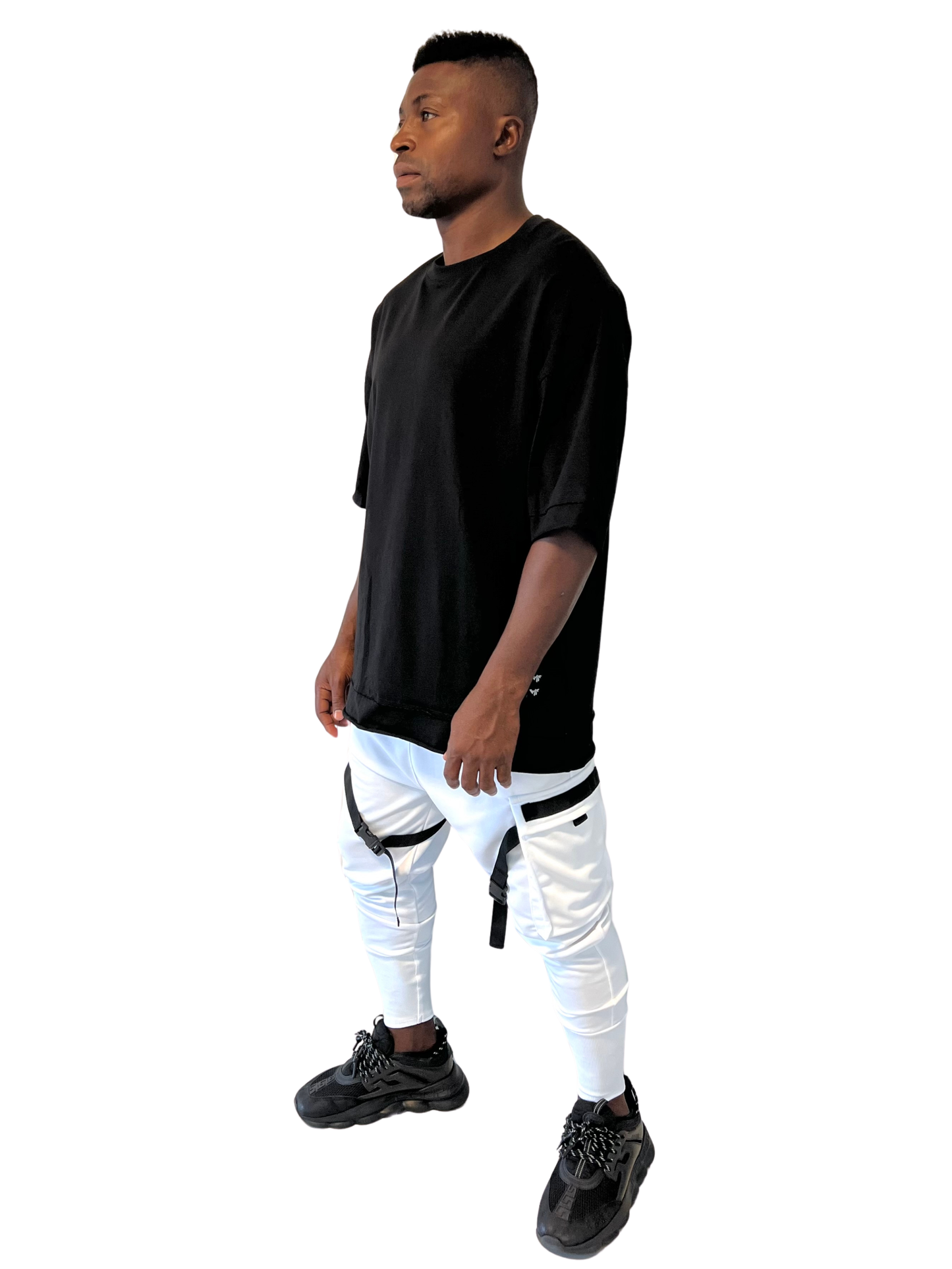 Pantaloni albi cu banda neagra aplicata