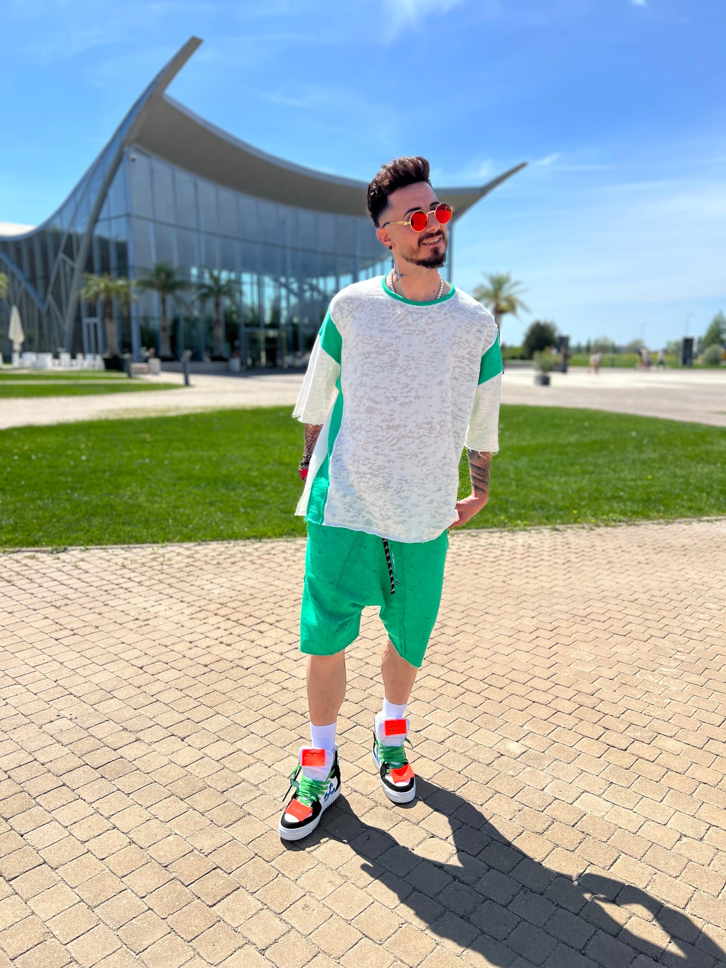Compleu in combinatie verde si off-white