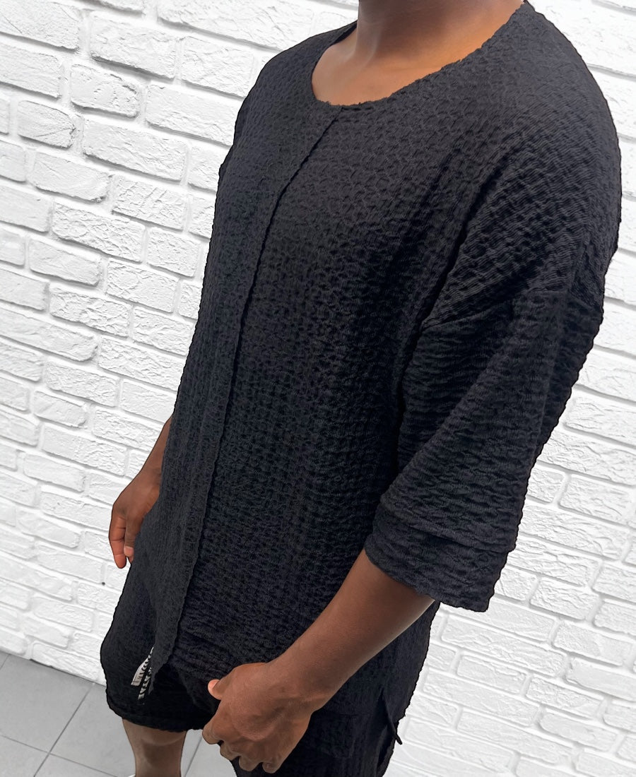 Compleu negru cu pantalon lung din material vaporos