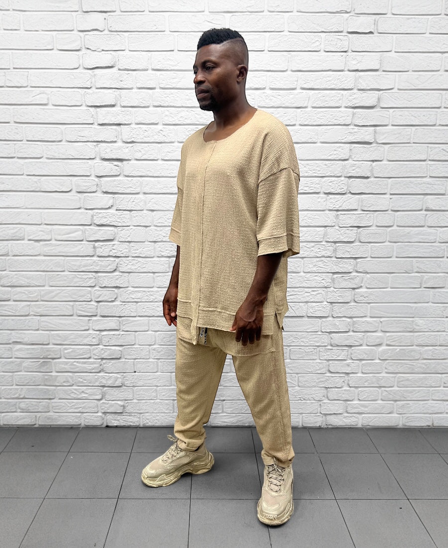 Compleu crem cu pantalon lung din material vaporos