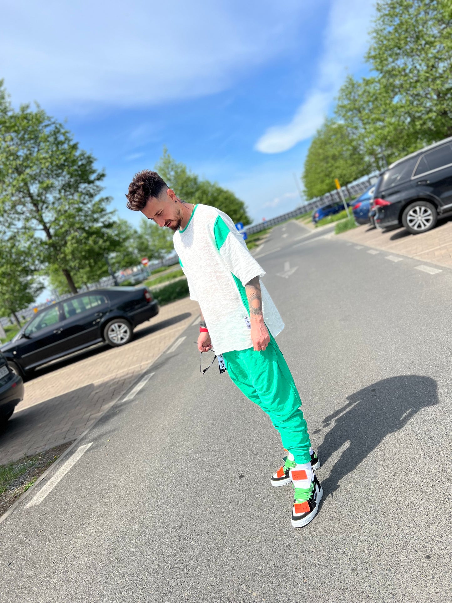 Compleu in combinatie verde si off-white