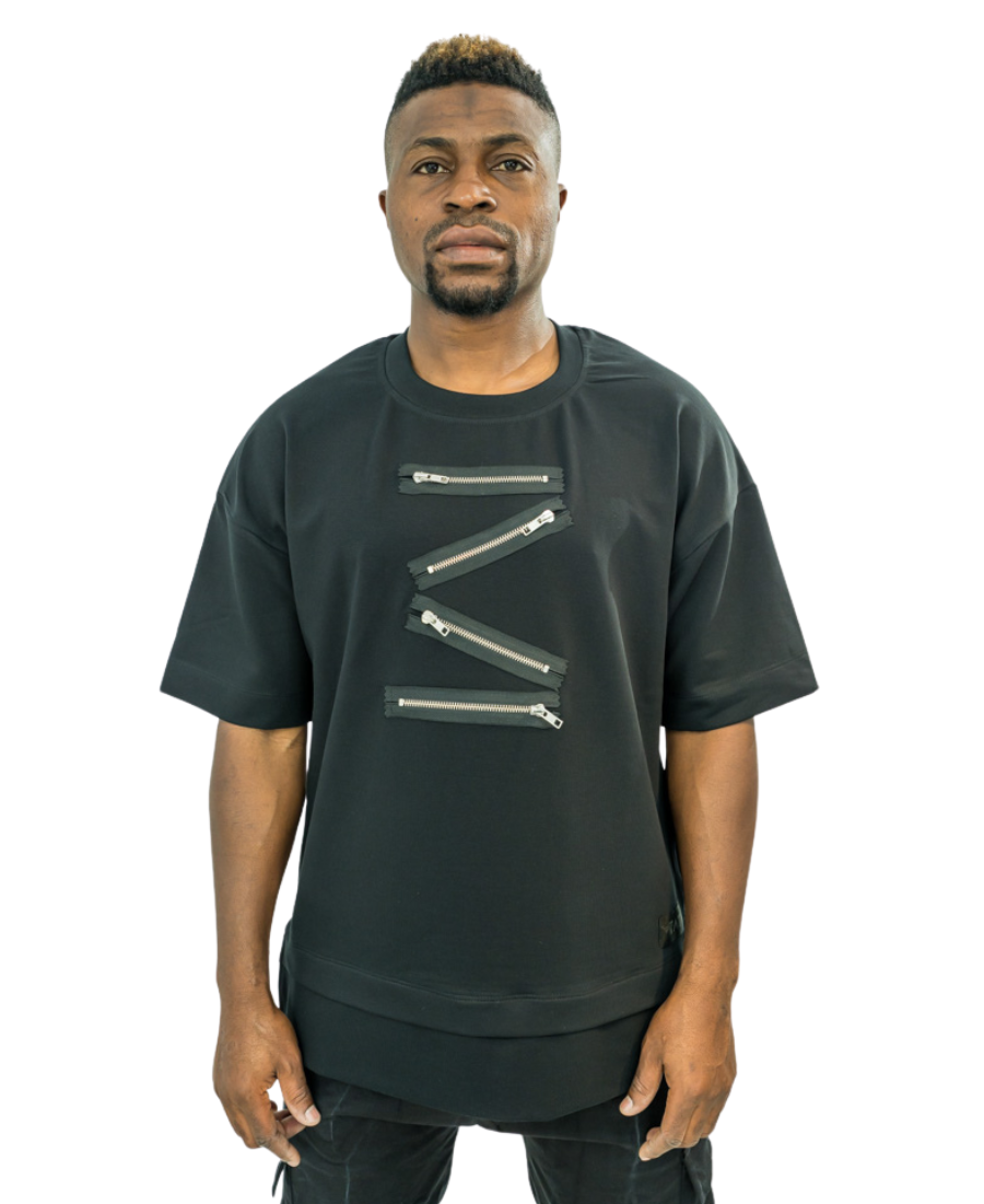 Tricou negru cu design din fermoare si extensie