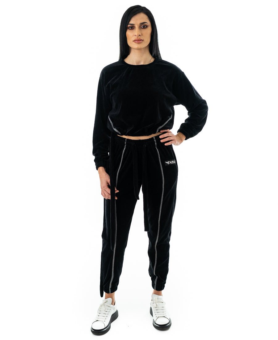 Trening negru catifea cu cusaturi albe