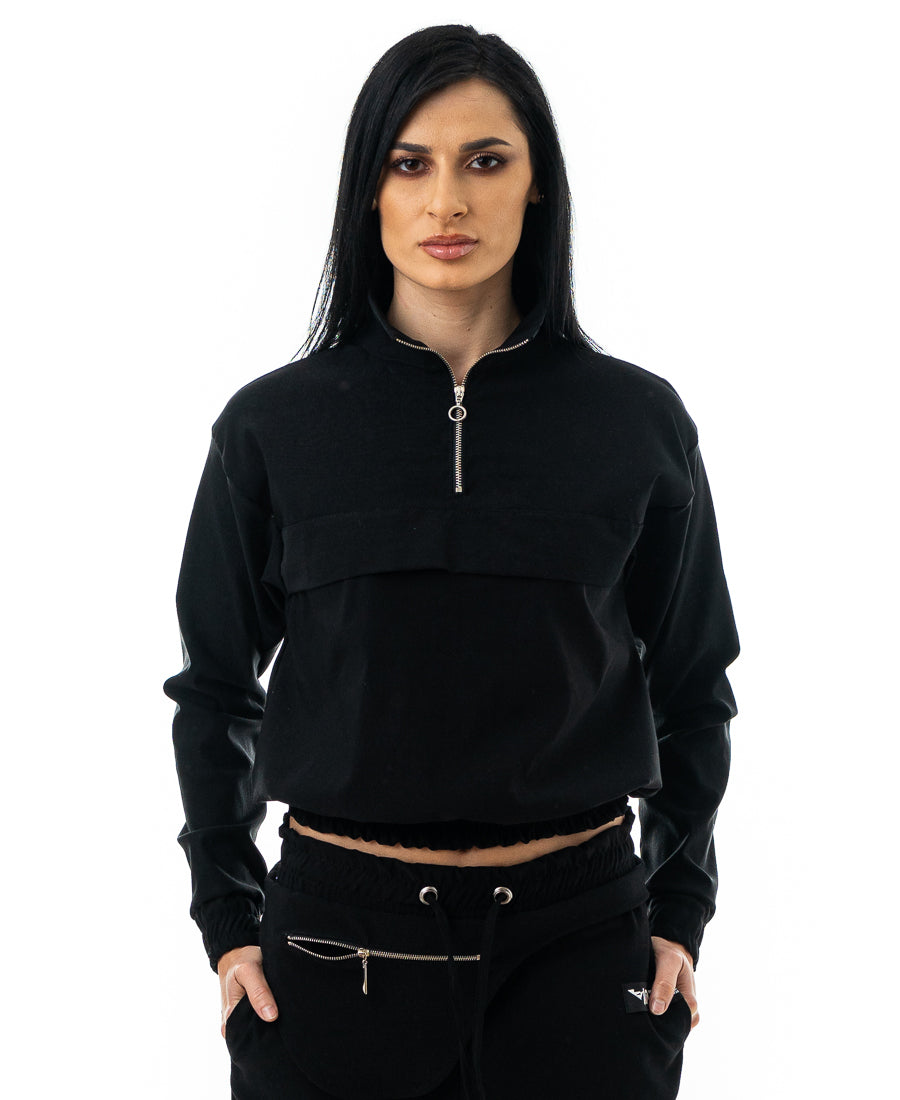 Bluza casual neagra cu guler, fermoar si model aplicat pe fata