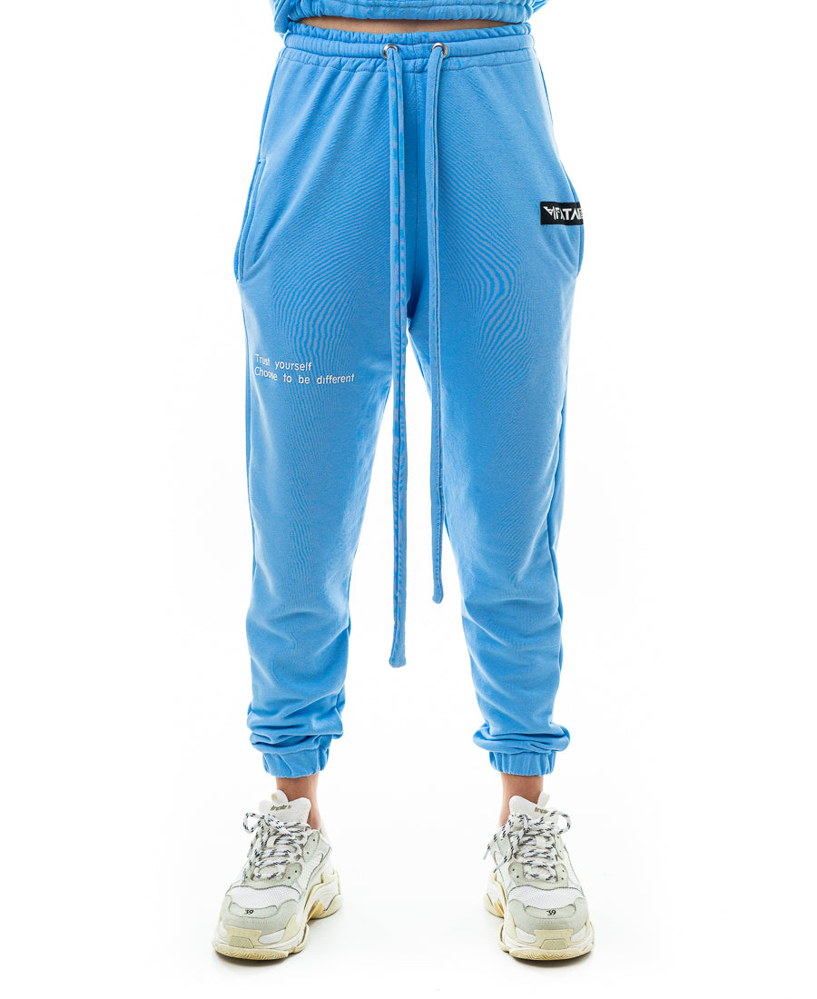 Pantaloni bleu imprimati cu folie aplicata prin termotransfer