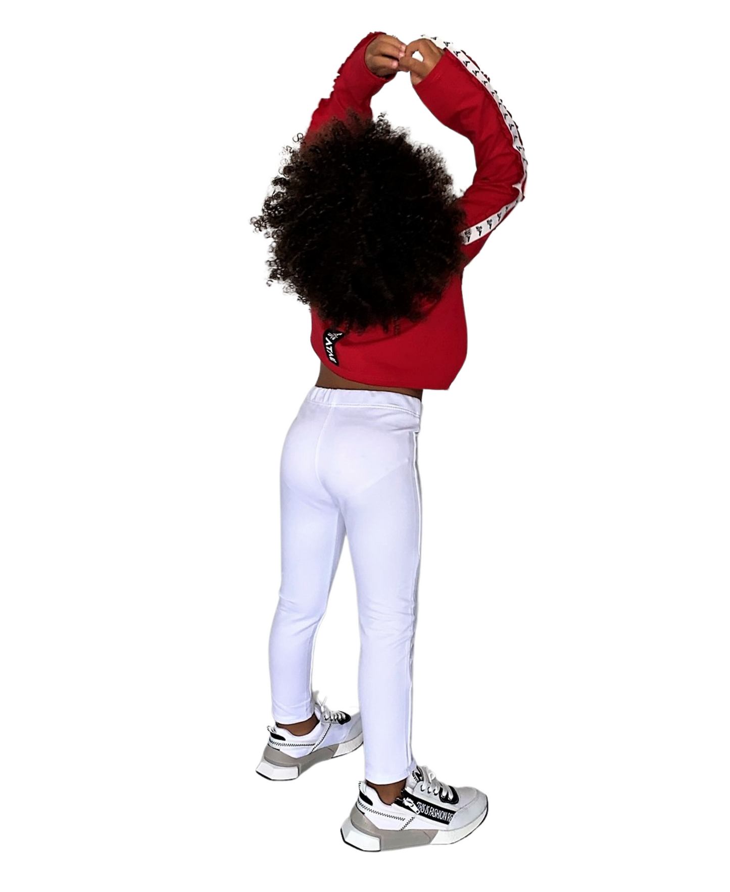 Compleu fete rosu si alb cu detalii pe maneci (bluza+colant)