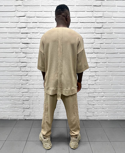 Compleu crem cu pantalon lung din material vaporos