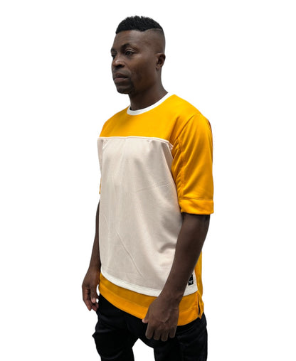 Tricou galben cu design din plasa alba