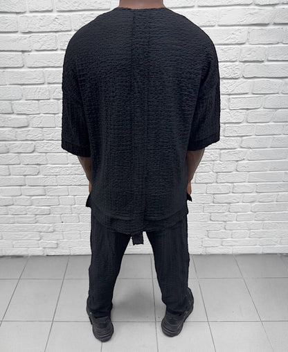 Compleu negru cu pantalon lung din material vaporos