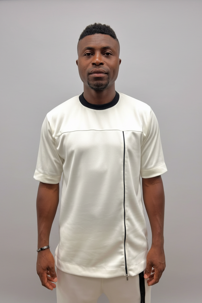 Tricou off-white cu fermoar negru pe verticala