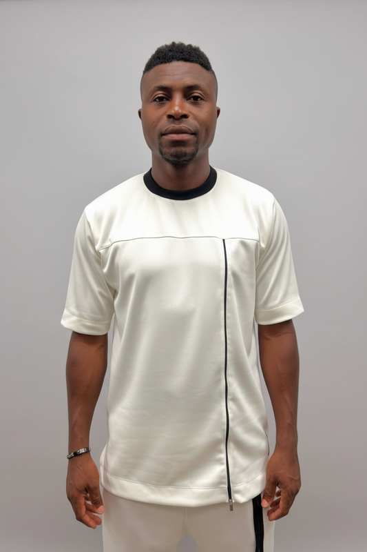 Tricou off-white cu fermoar negru pe verticala