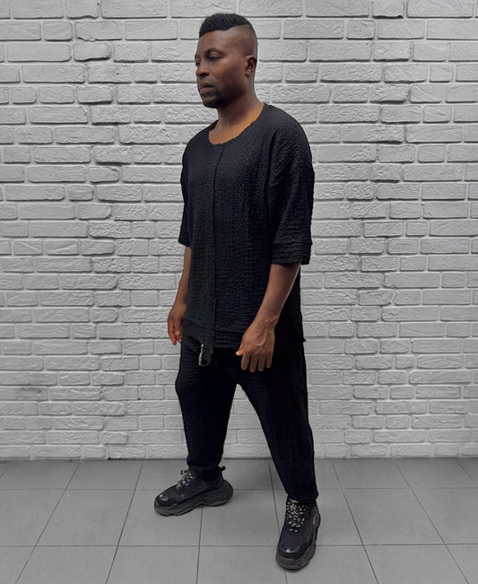 Compleu negru cu pantalon lung din material vaporos