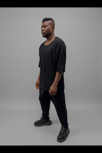 Compleu negru cu pantalon lung din material vaporos