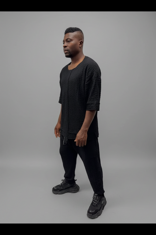 Compleu negru cu pantalon lung din material vaporos