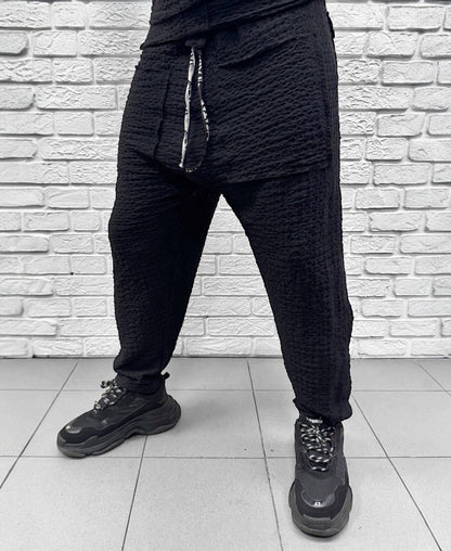 Compleu negru cu pantalon lung din material vaporos