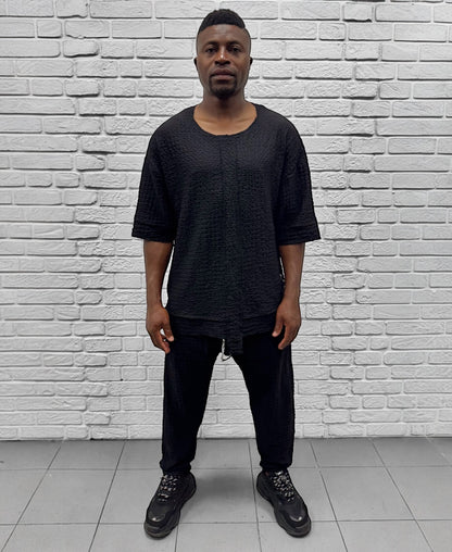 Compleu negru cu pantalon lung din material vaporos