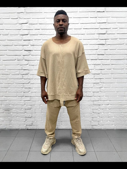 Compleu crem cu pantalon lung din material vaporos