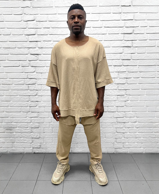 Compleu crem cu pantalon lung din material vaporos