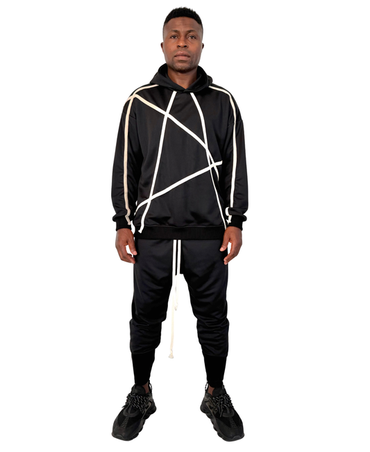 Compleu negru cu pantaloni conici si snururi crem de design