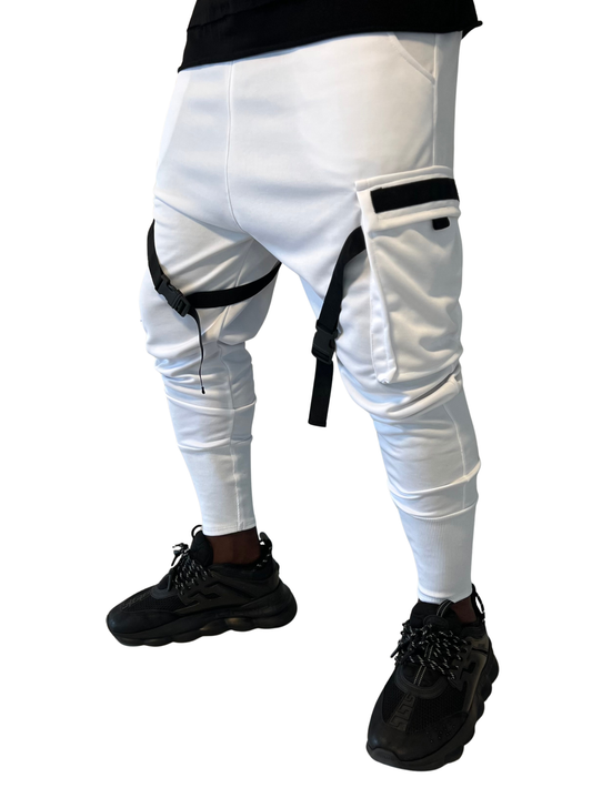 Pantaloni albi cu banda neagra aplicata