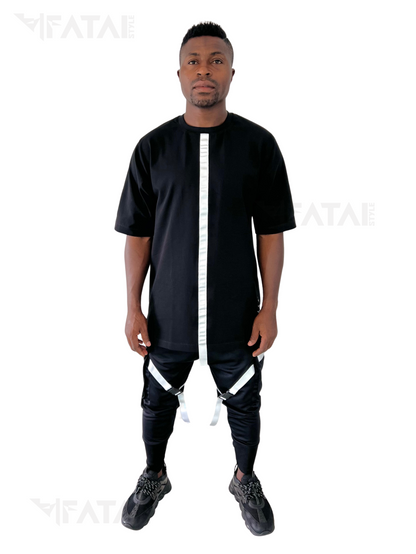 Pantaloni negri cu banda alba aplicata