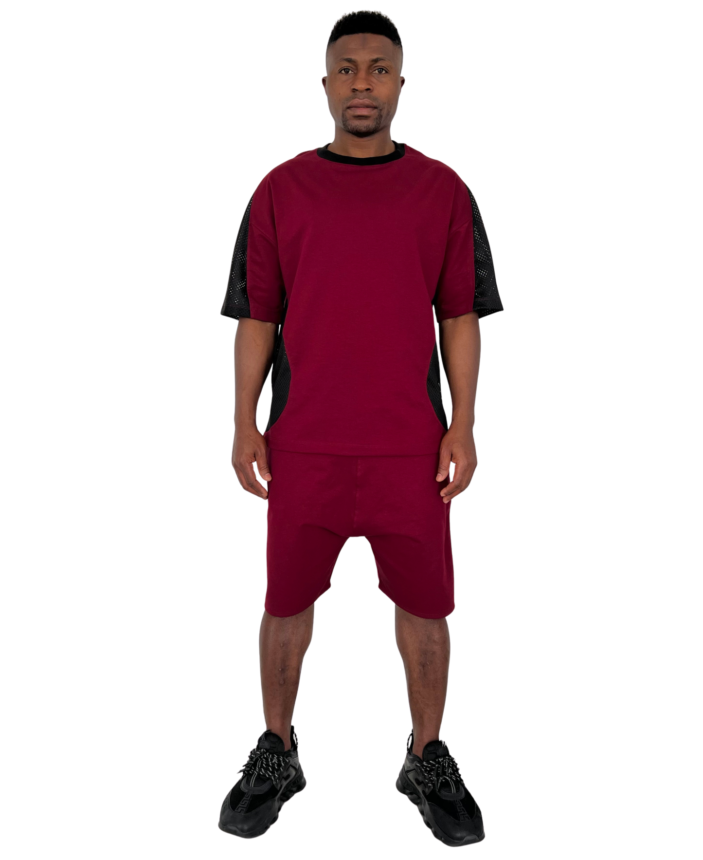 Compleu burgundy cu dunga din plasa neagra