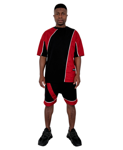Tricou negru cu detalii din fas rosii si vipusca alba