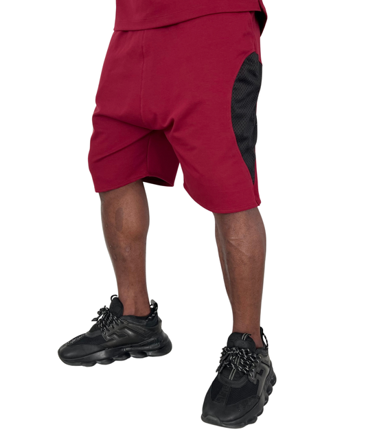 Pantaloni scurti burgundy cu detalii din plasa neagra