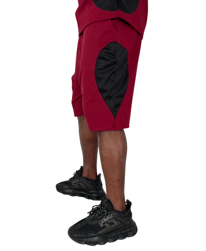 Pantaloni scurti burgundy cu detalii din plasa neagra