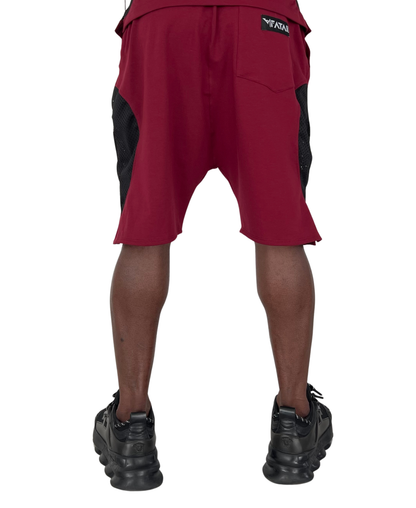 Pantaloni scurti burgundy cu detalii din plasa neagra