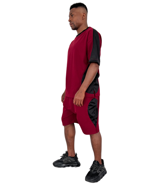 Compleu burgundy cu detalii din plasa negre