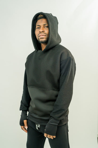 Hanorac negru cu gluga cu plasa si maneci cu deget (se poate purta cu sau fara plasa pe fata)