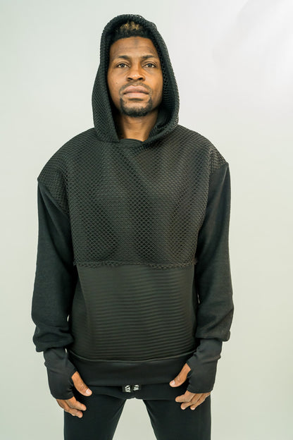 Hanorac negru cu gluga cu plasa si maneci cu deget (se poate purta cu sau fara plasa pe fata)