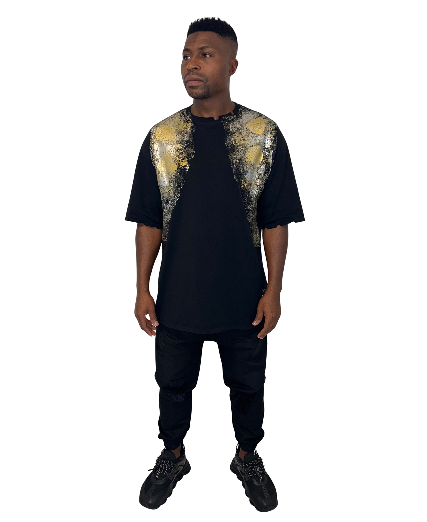 Tricou negru vopsit manual