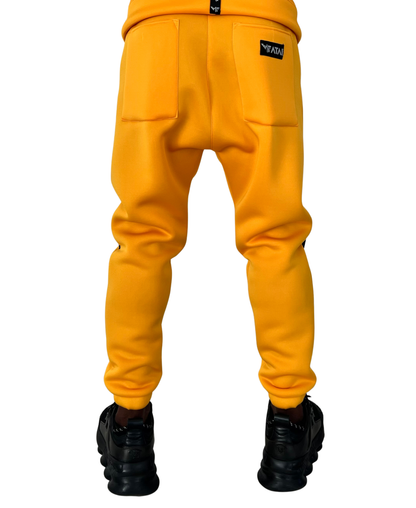 Pantaloni galbeni cu dungute negre aplicate