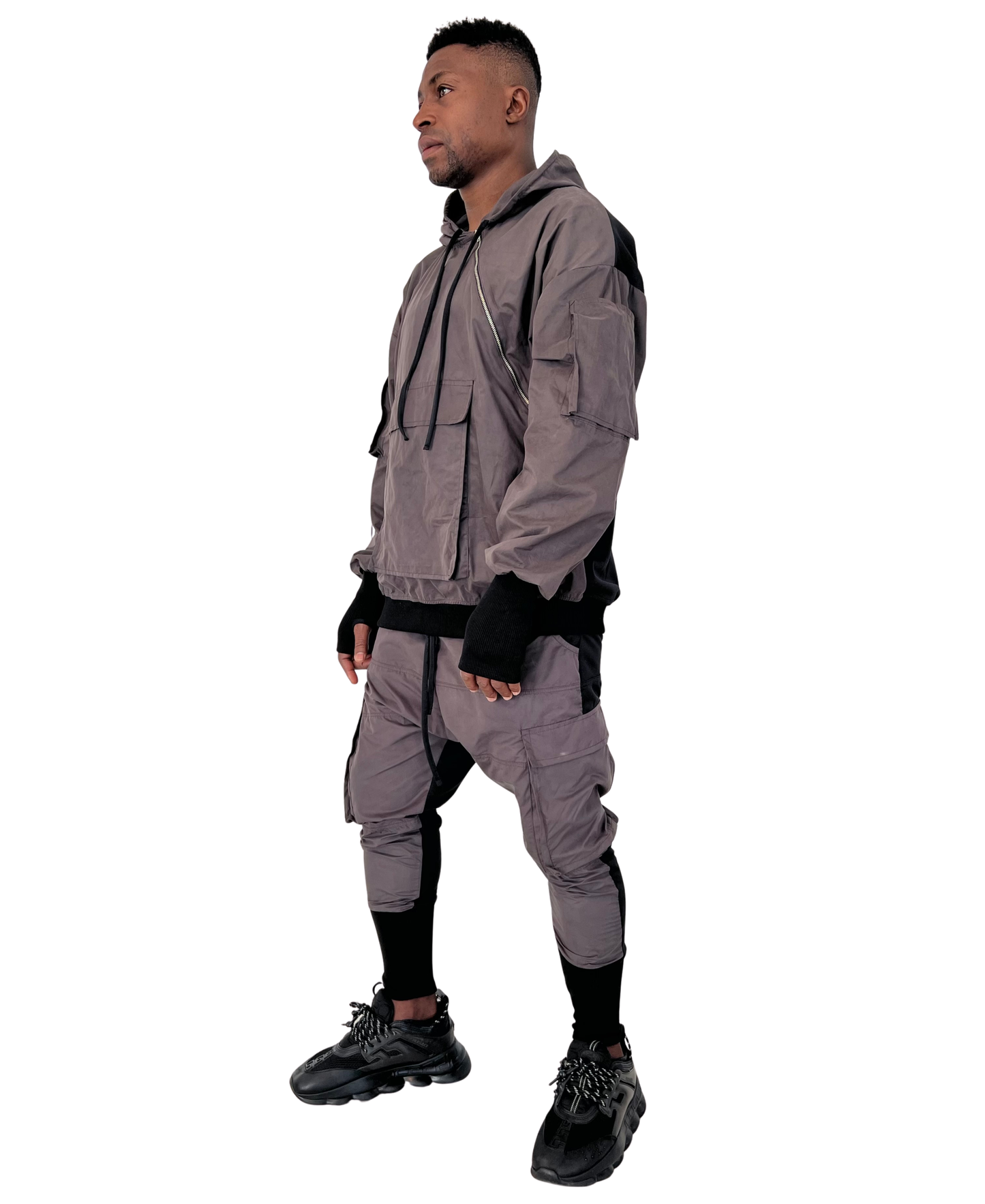 Pantaloni in combinatie negru cu fas catifelat cafeniu