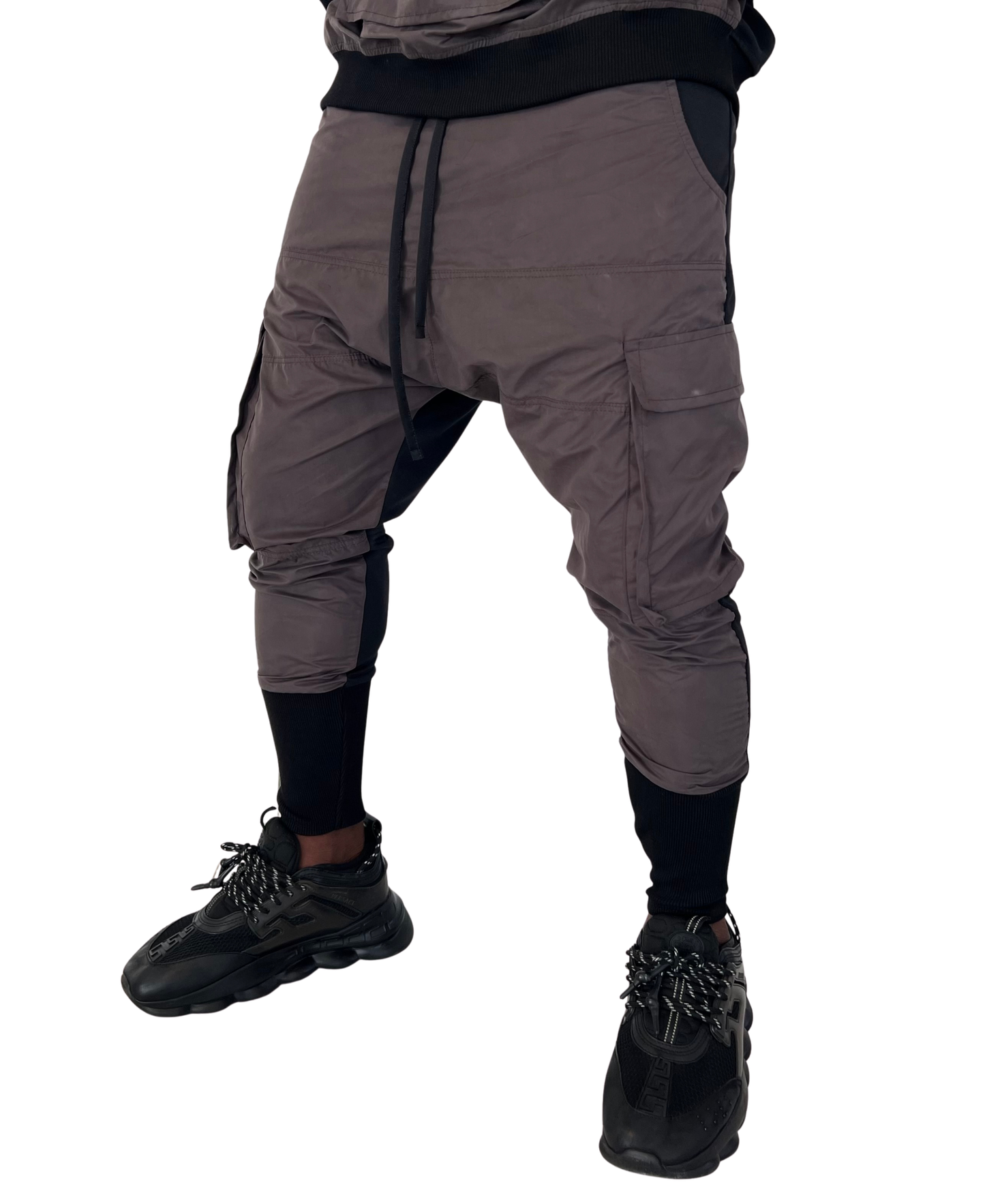 Pantaloni in combinatie negru cu fas catifelat cafeniu