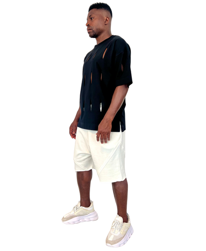 Pantaloni albi cu diverse cusaturi de design