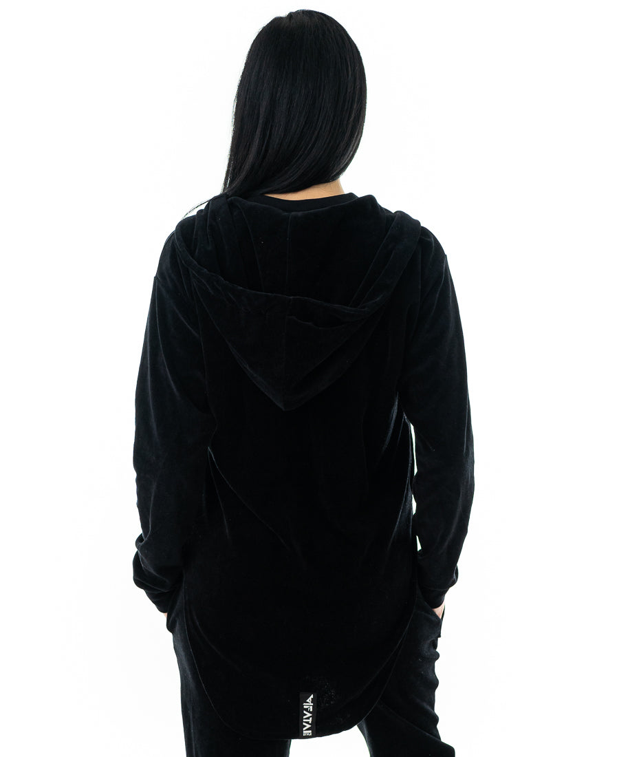 Bluza neagra de catifea cu spatele lung