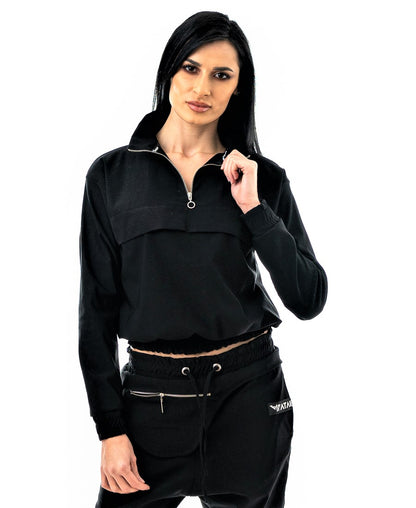 Bluza casual neagra cu guler, fermoar si model aplicat pe fata